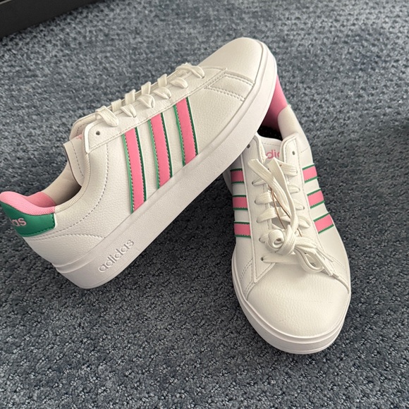 Adidas Women's White Sneakers with Pink and Green Accents - Picture 1 of 5